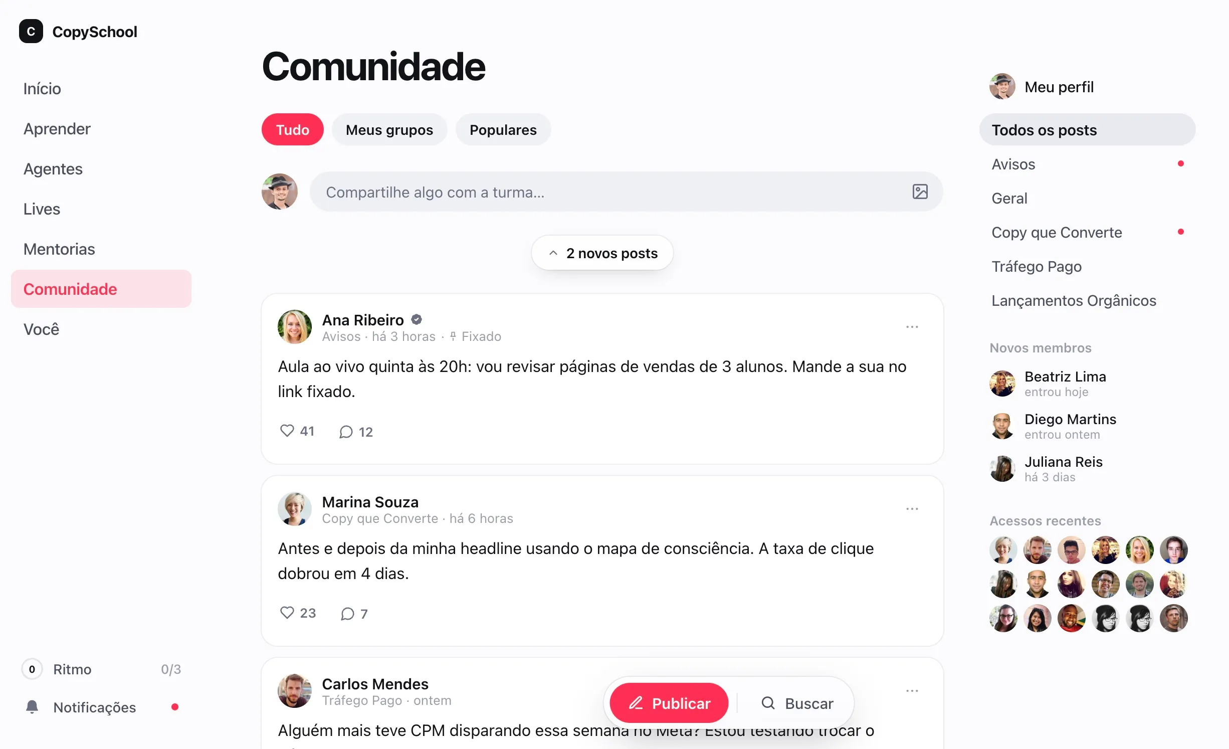 A comunidade do clube: o feed da turma, os grupos e os membros novos