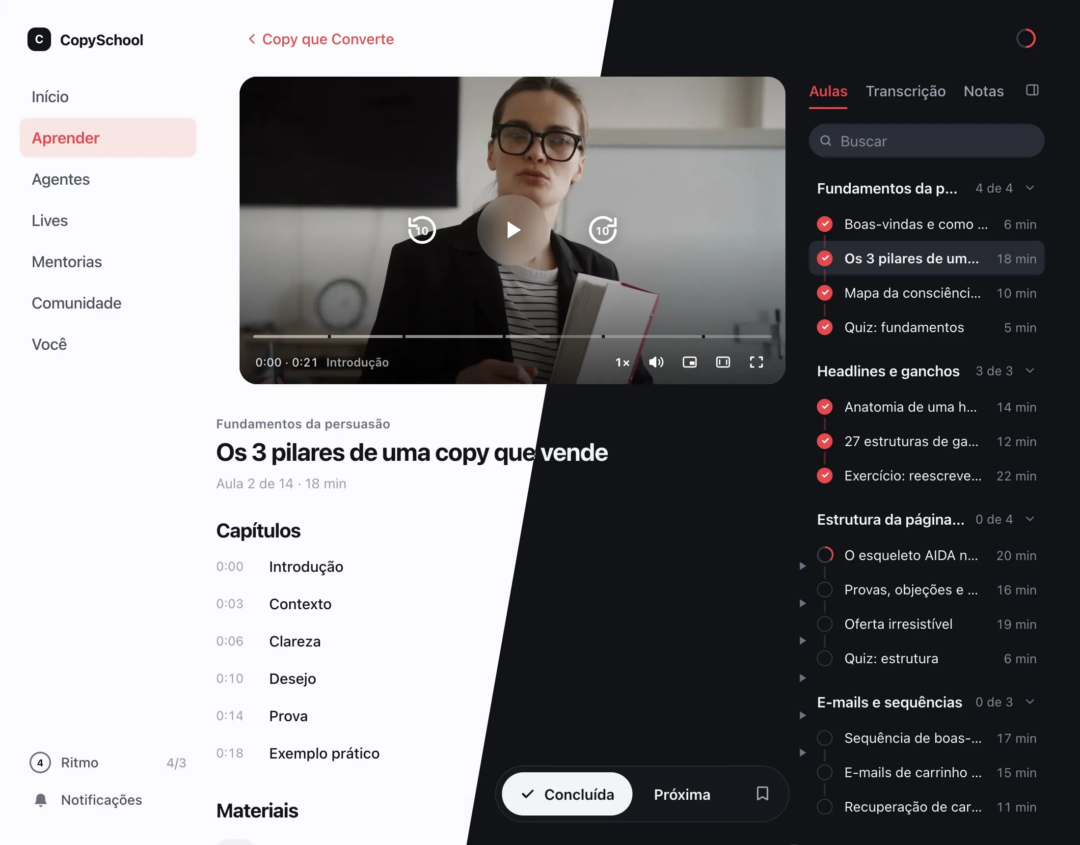 A mesma aula no tema claro e no escuro, lado a lado