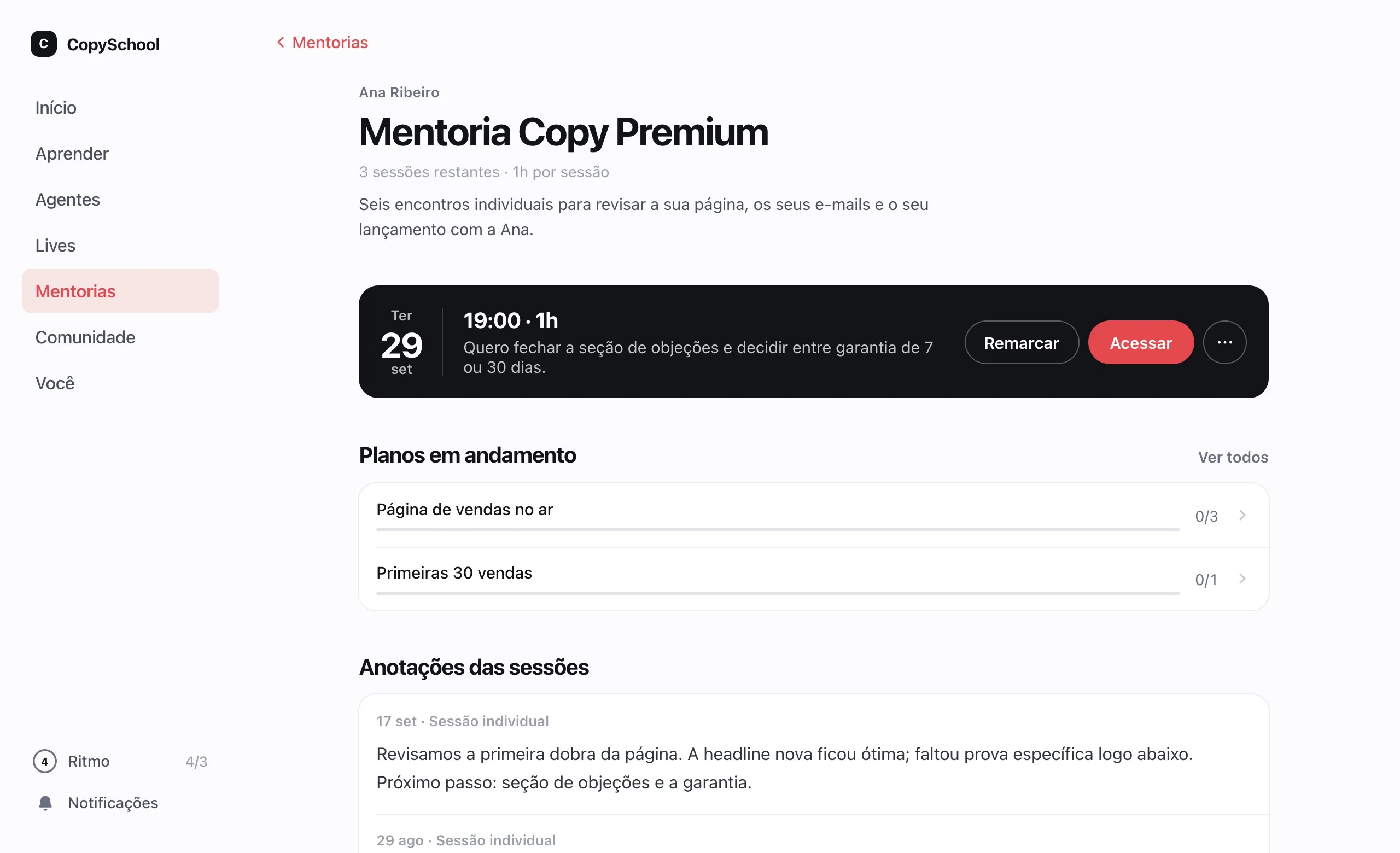 Uma mentoria no clube do aluno: o próximo encontro, os planos de ação em andamento e as anotações das sessões